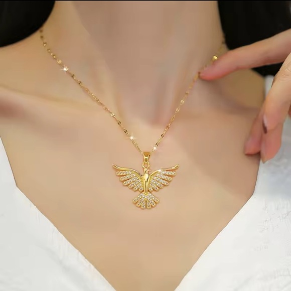 18K Gold Bird Pendant Necklace Phoenix Eagle Choker - Picture 2 of 12